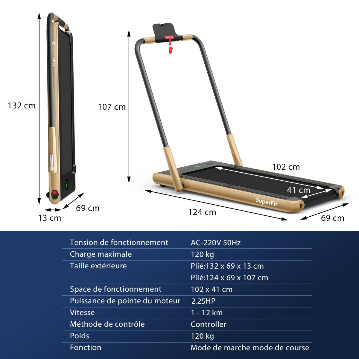 Tapis De Course Pliable 2 En 1 Tapis Roulant Électrique Motorisé 1-12 KM/H Avec Télécommande Écran LED 7 Couleurs Aux Choix