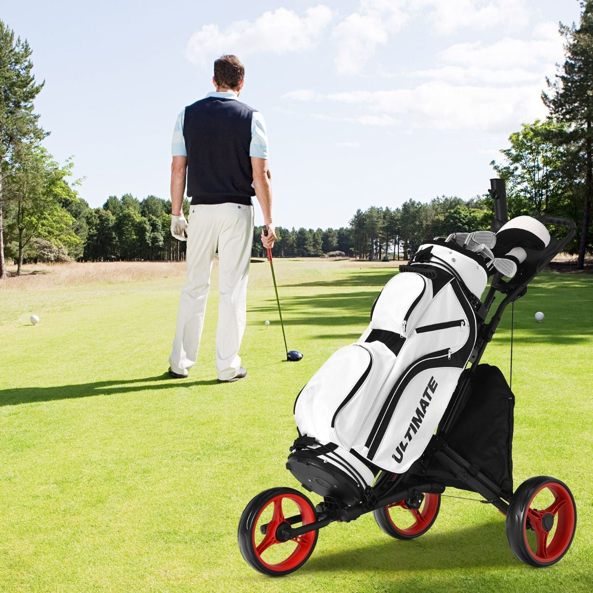 Chariot De Golf Pliable À 3 Roues Sangle Elastique Porte-Parasol Réglable Et Porte-Gobelet Sac Recouvert D'Aluminium Bleu/Gris/Rouge/Vert