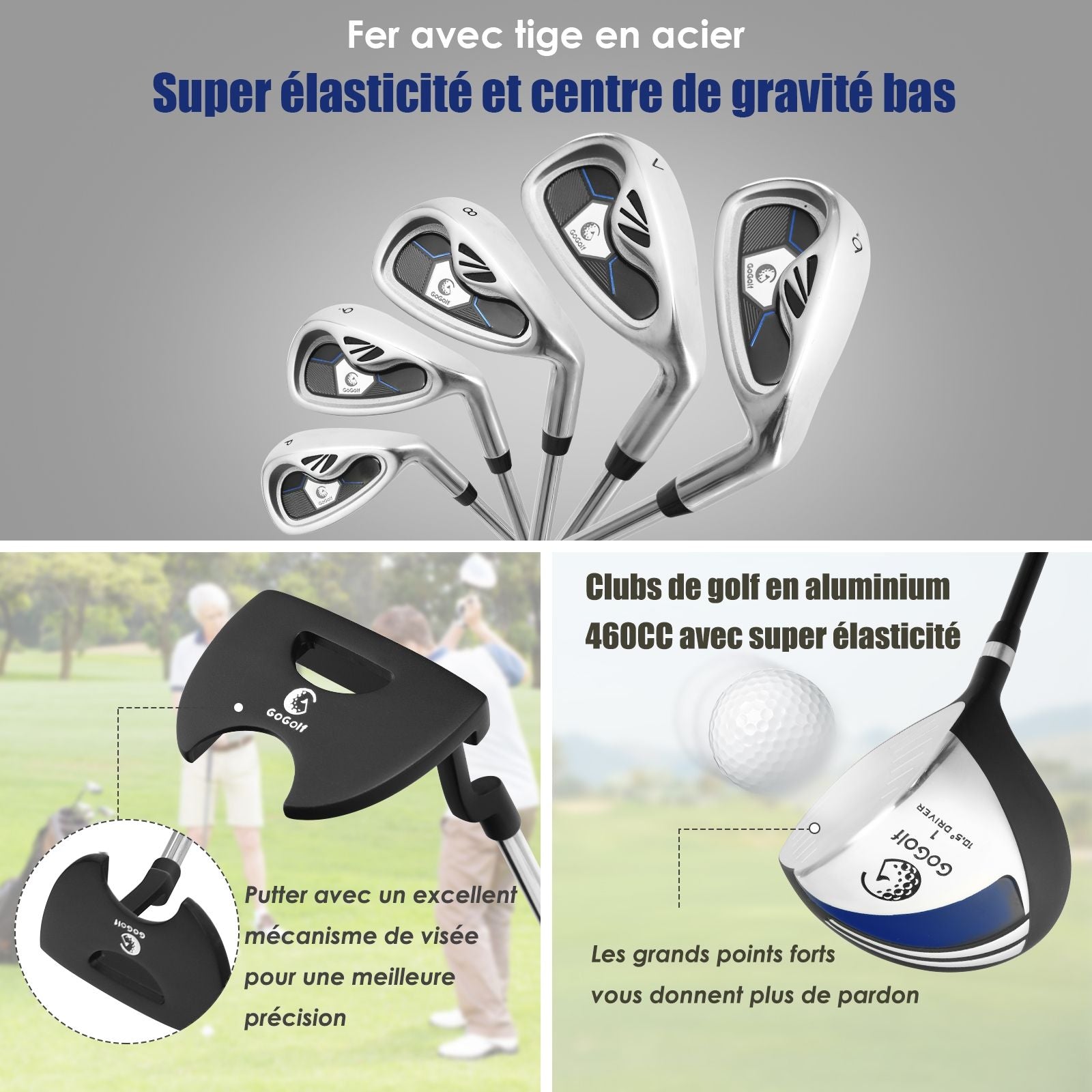 Ensemble De Clubs De Golf 9 Pièces Pour Débutant Avec Sac Trépied Conception Ergonomiqu En Métal Robuste Bleu/Gris/Noir