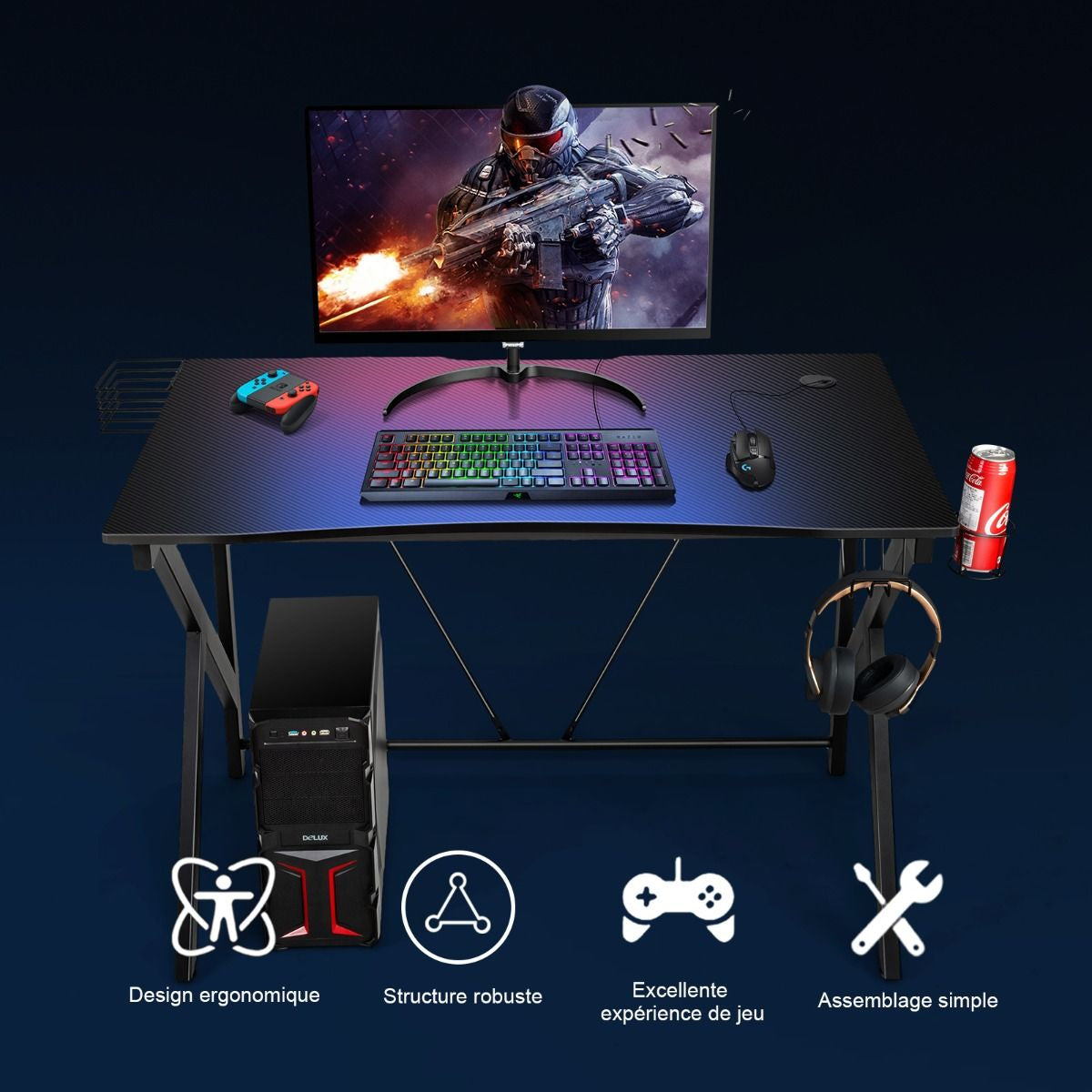 Bureau Gamer Bureau De Jeu Pour Gaming Avec Stockage Vidéo Porte-Gobelet Et Crochet 115 X 73 X 76,5 CM