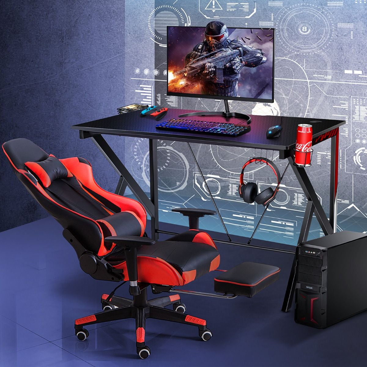 Bureau Gamer Bureau De Jeu Pour Gaming Avec Stockage Vidéo Porte-Gobelet Et Crochet 115 X 73 X 76,5 CM