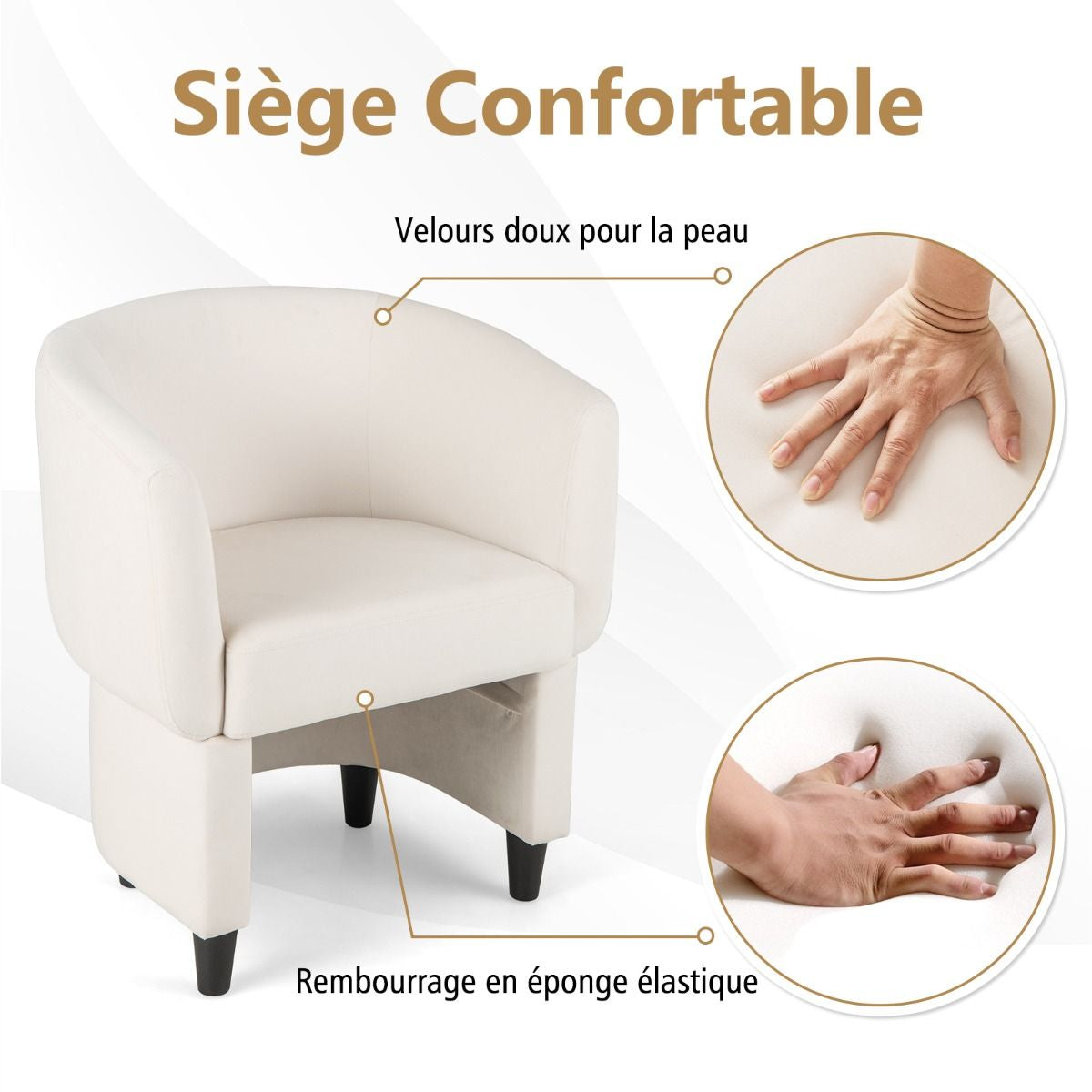 Fauteuil Tonneau Rembourré En Velours Avec Repose-Pieds Fauteuil D'Appoint Avec Pouf Cadre En Bois Massif Patins Beige/Gris