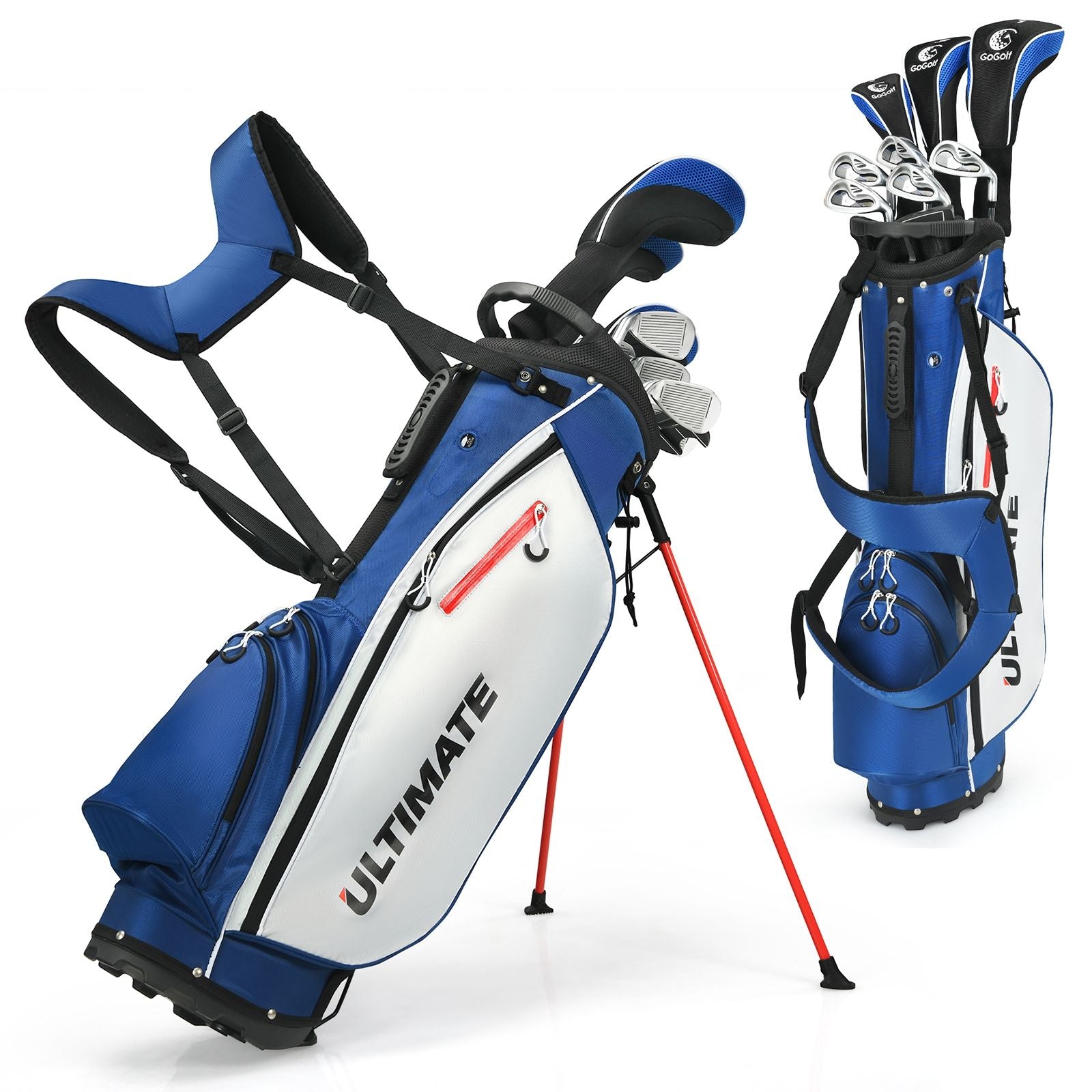 Ensemble De Clubs De Golf 9 Pièces Pour Débutant Avec Sac Trépied Conception Ergonomiqu En Métal Robuste Bleu/Gris/Noir