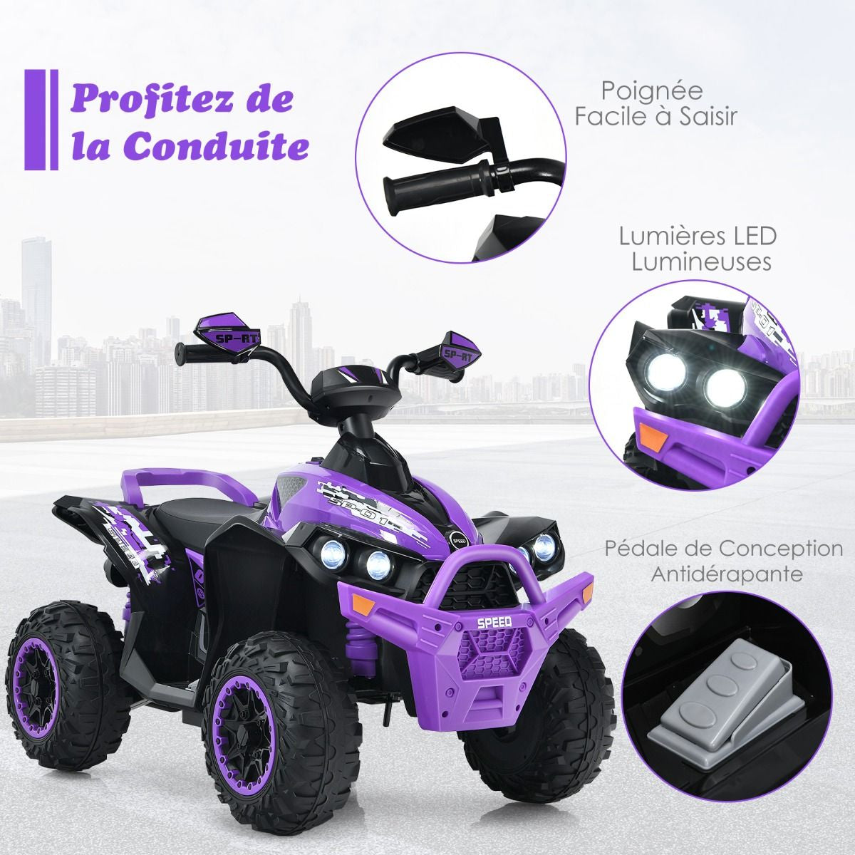 Quad Electrique Pour Enfants 12V7Ah LED Musique Pédale Klaxon 3-4 Km/H Pour Enfants De 3 À 8 Ans Rose/Bleu/Violet/Noir