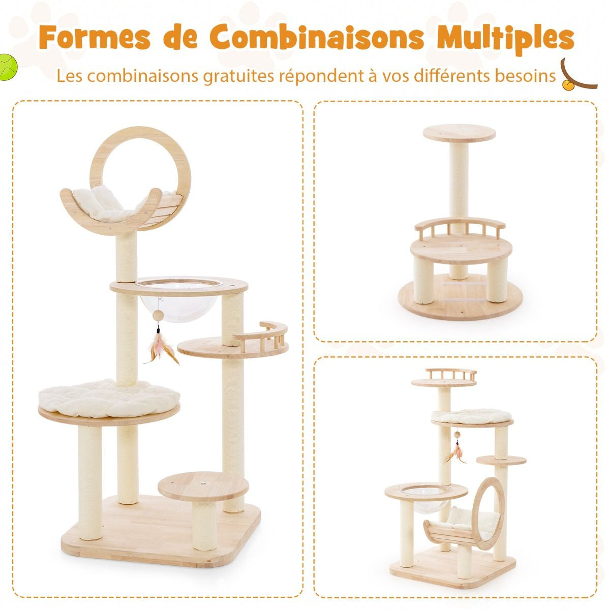 Arbre À Chat 146 Cm En Blocs De Construction Tour À Chat En Bois Chêne 4 En 1 Avec Condo & Hublot Griffoir En Sisal Plateforme Rembourrée