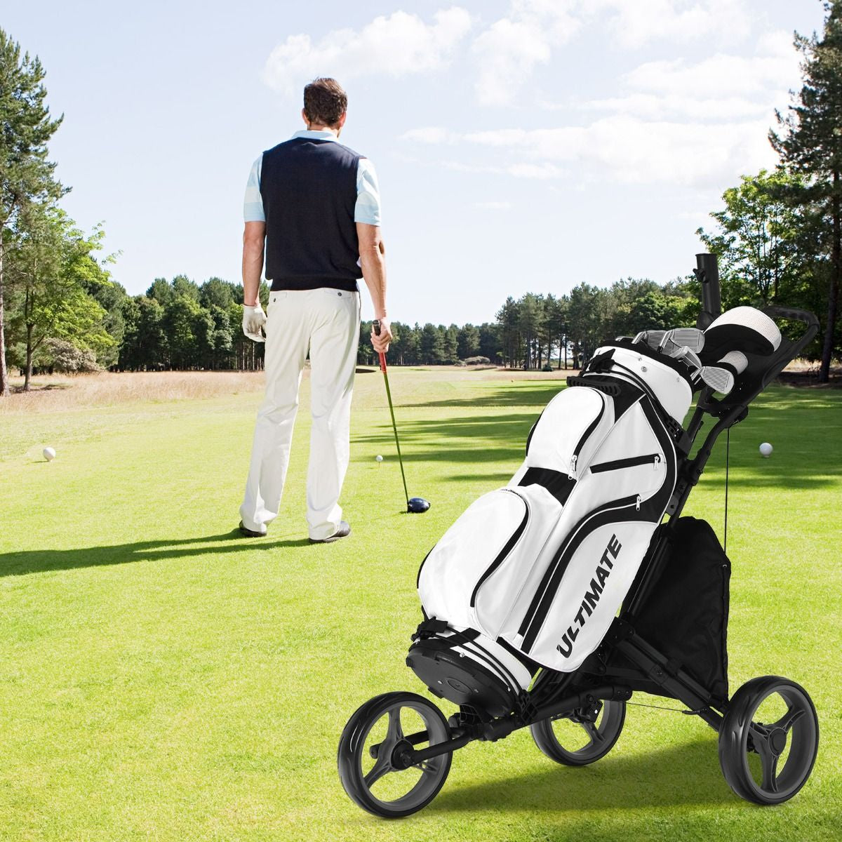 Chariot De Golf Pliable À 3 Roues Sangle Elastique Porte-Parasol Réglable Et Porte-Gobelet Sac Recouvert D'Aluminium Bleu/Gris/Rouge/Vert