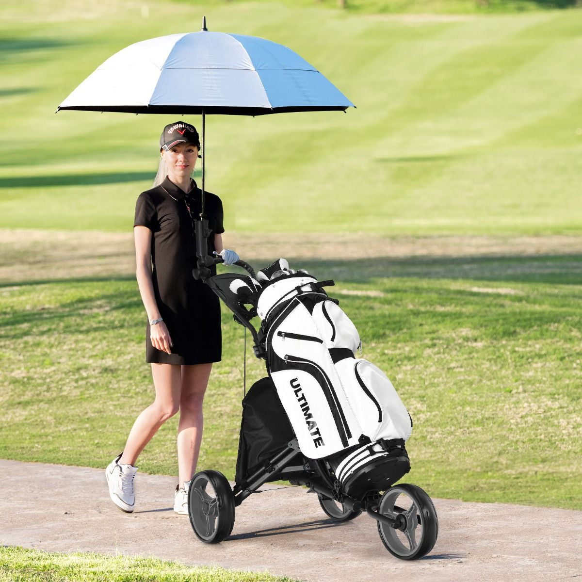 Chariot De Golf Pliable À 3 Roues Sangle Elastique Porte-Parasol Réglable Et Porte-Gobelet Sac Recouvert D'Aluminium Bleu/Gris/Rouge/Vert