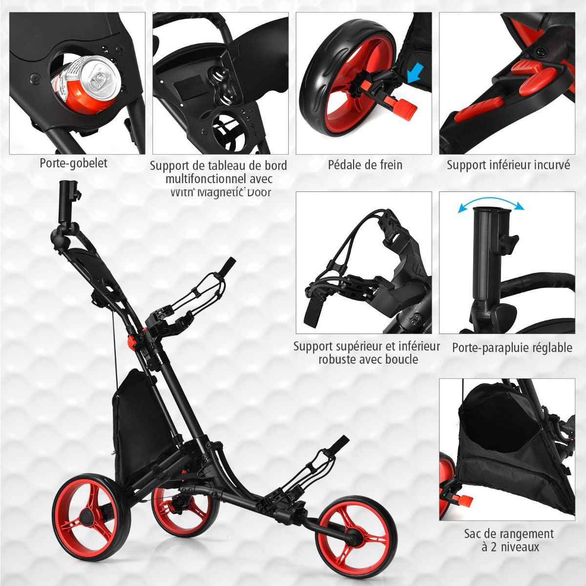 Chariot De Golf Pliable À 3 Roues Sangle Elastique Porte-Parasol Réglable Et Porte-Gobelet Sac Recouvert D'Aluminium Bleu/Gris/Rouge/Vert