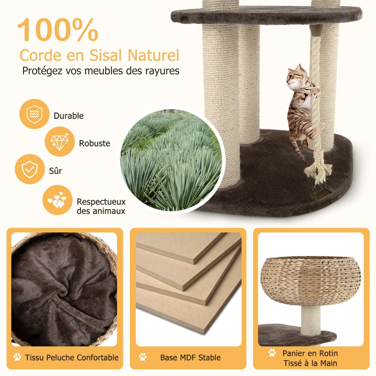 Arbre À Chat 45 X 45 X 104 CM Avec Pompon Suspendu Corde Et Griffoirs Enveloppés De Sisal Naturel Pour Chat/Chaton