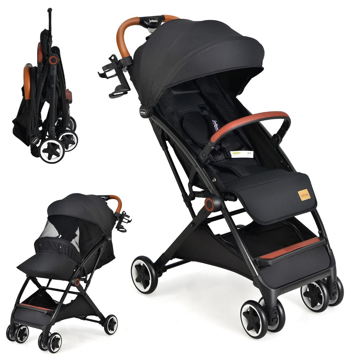 Poussette De Voyage Pour Bébé Avec Pare-Soleil Inclinable Porte-Gobelet Harnais 5 Points Dossier Réglable Chancelière Rangement Inférieur Gris/Noir
