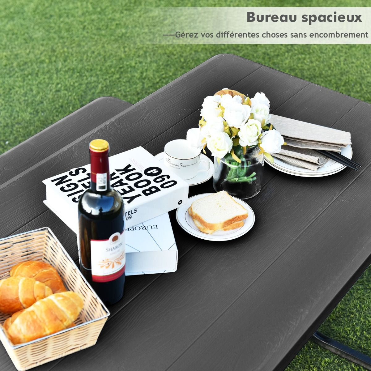 Table De Jardin Avec 2 Banc Table De Pique-Nique/Camping Pour 4 À 6 Personnes 137 X 150 X 71Cm Noir/Gris/Blanc