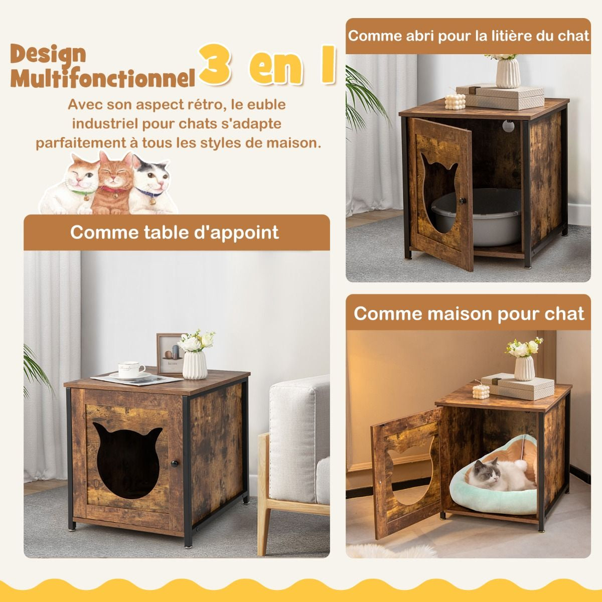 Meuble Litiere Chat Cadre En Métal Antirouille Industriel Maison De Toilette Chat Bonne Respirabilité 50X53X55 Cm