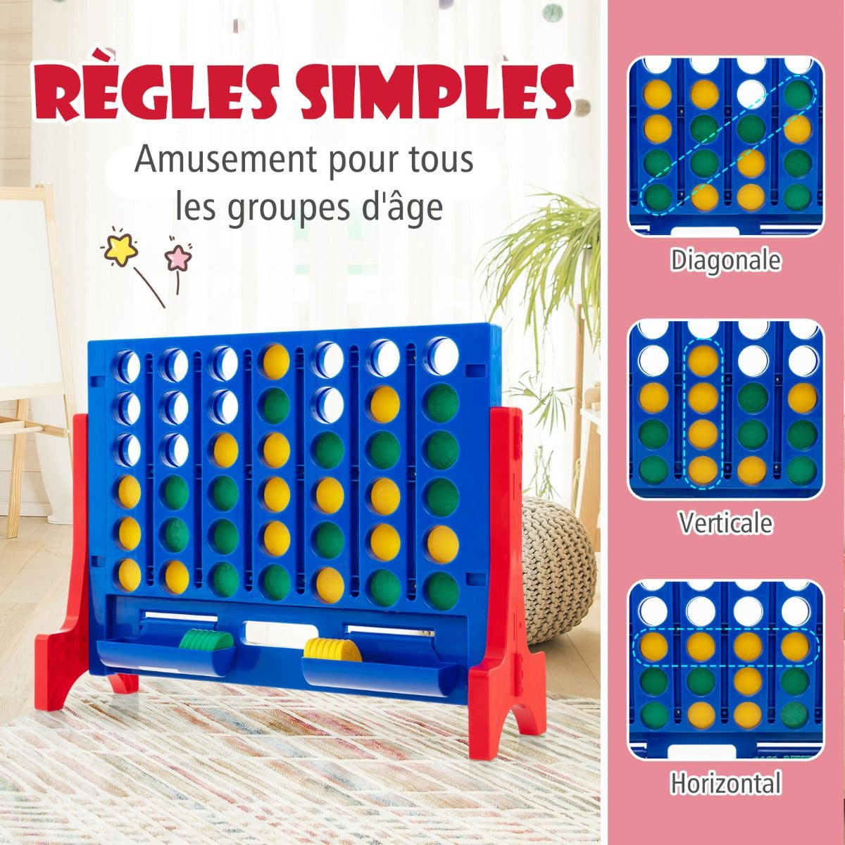 Jeux Puissance 4 Géant Mural Avec 42 Jetons Jeu De Société Ludique & Éducatif Avec 2 Plateaux Utilisation 62X20X48,5Cm Bleu/Rouge