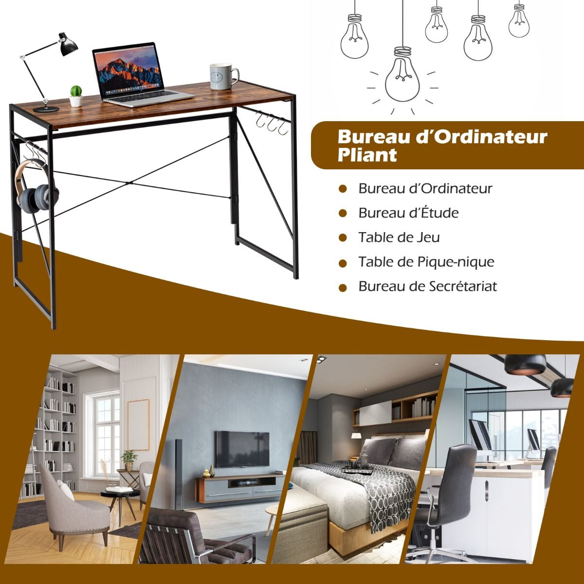 Bureau D'Ordinateur Pliant 100X50X75 Cm Table De Bureau Cadre En Métal 6 Crochets En Forme De S Style Industriel Capacité 115Kg Noir/Café/Marron