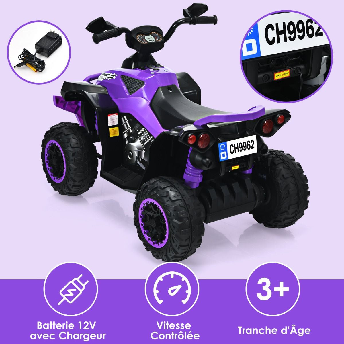 Quad Electrique Pour Enfants 12V7Ah LED Musique Pédale Klaxon 3-4 Km/H Pour Enfants De 3 À 8 Ans Rose/Bleu/Violet/Noir