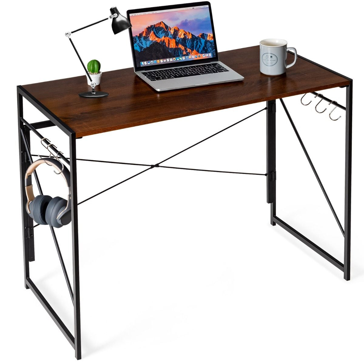 Bureau D'Ordinateur Pliant 100X50X75 Cm Table De Bureau Cadre En Métal 6 Crochets En Forme De S Style Industriel Capacité 115Kg Noir/Café/Marron