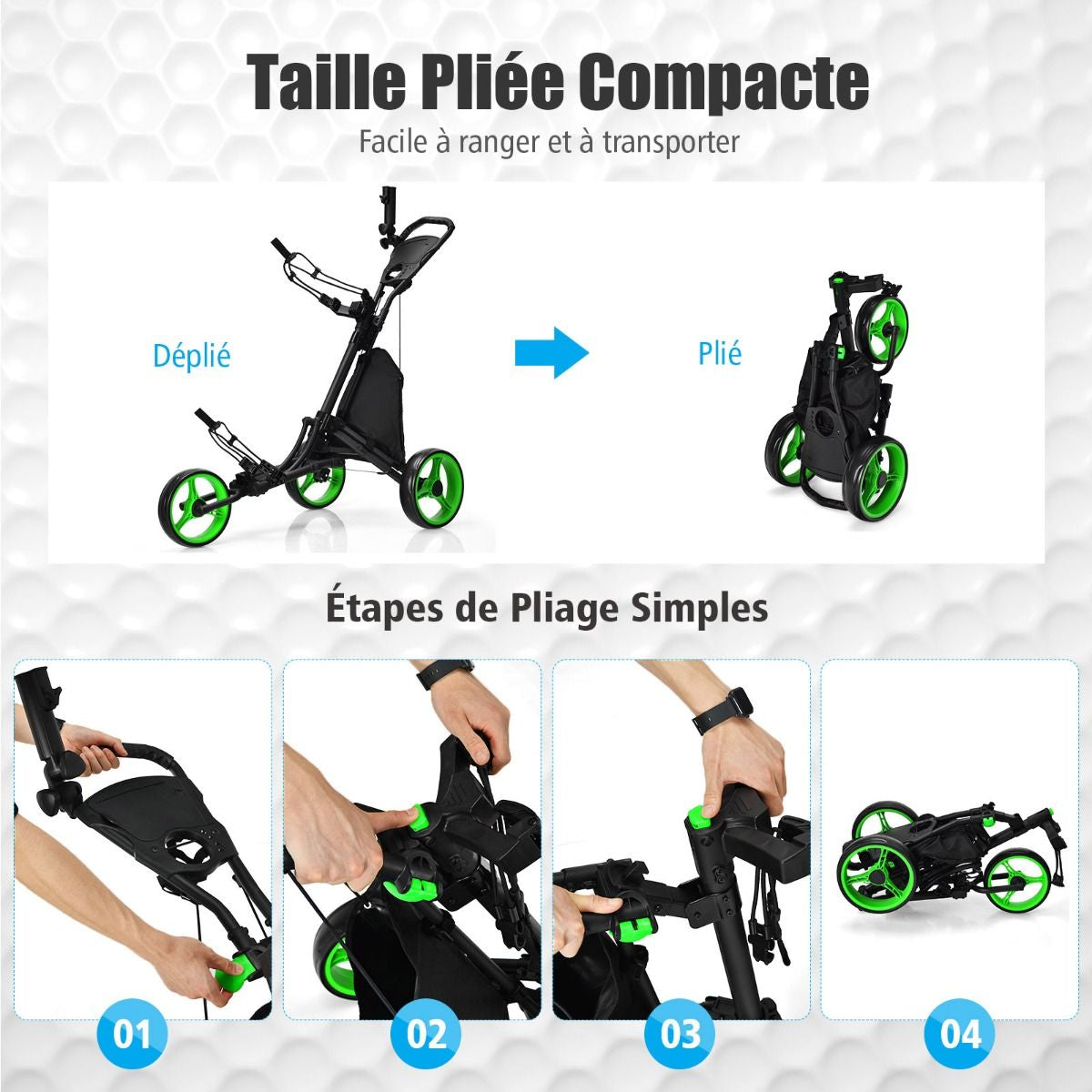 Chariot De Golf Pliable À 3 Roues Sangle Elastique Porte-Parasol Réglable Et Porte-Gobelet Sac Recouvert D'Aluminium Bleu/Gris/Rouge/Vert