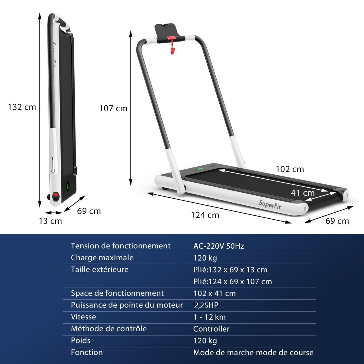 Tapis De Course Pliable 2 En 1 Tapis Roulant Électrique Motorisé 1-12 KM/H Avec Télécommande Écran LED 7 Couleurs Aux Choix