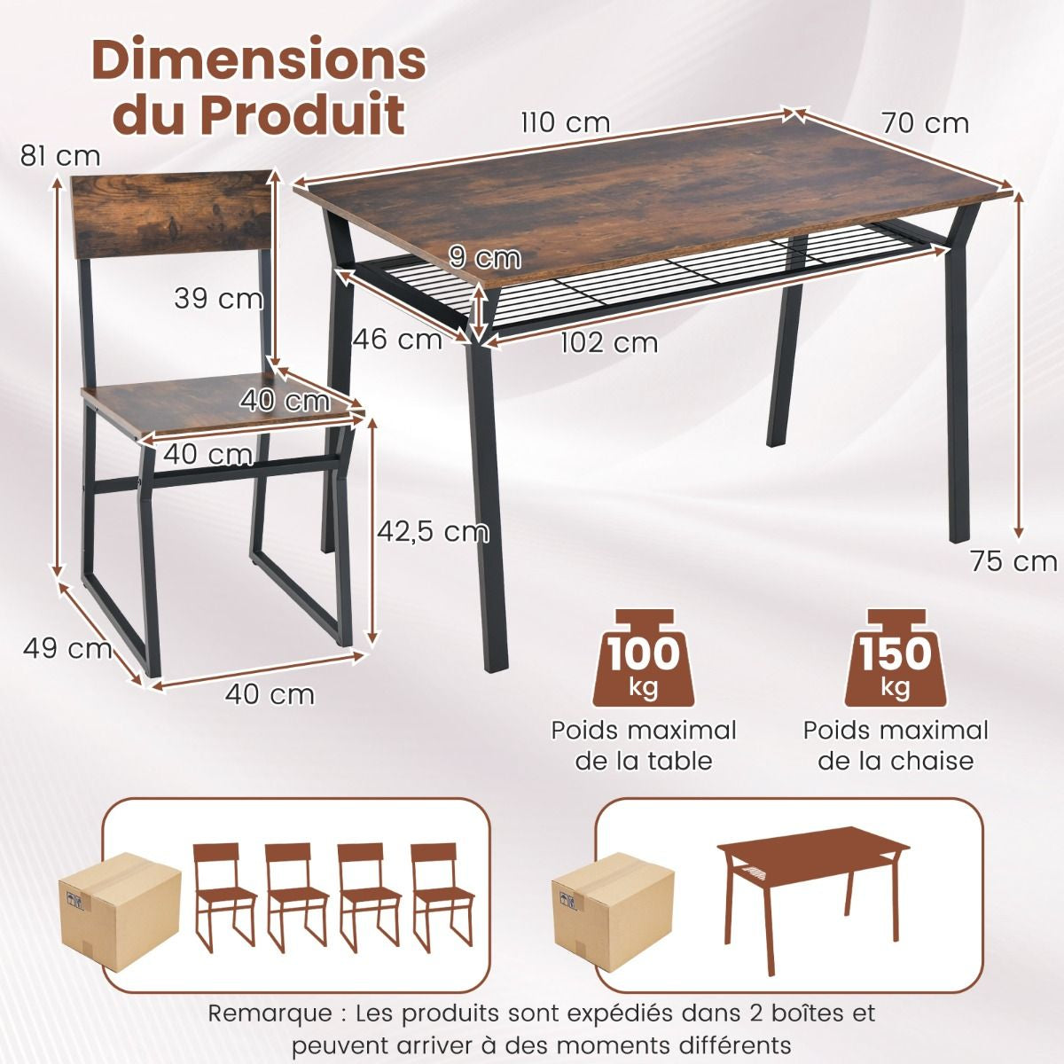 Ensemble De Table À Manger 5 Pièces Table De Cuisine Rectangulaire Industrielle Avec 4 Chaises Étagère De Rangement Cadre En Métal Ensemble Marron Rustique/Gris