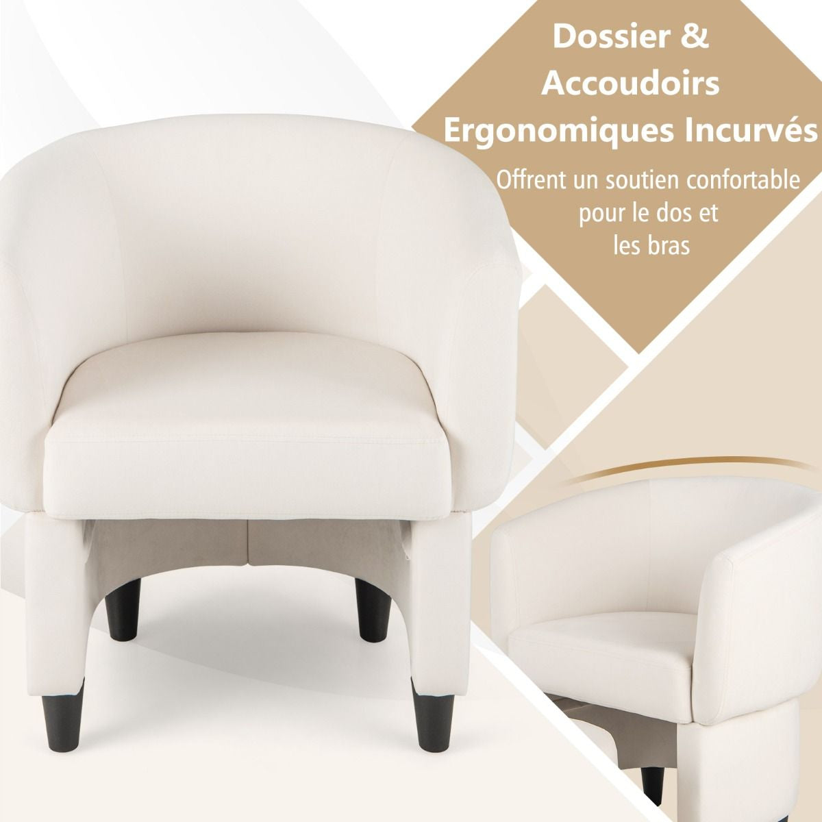 Fauteuil Tonneau Rembourré En Velours Avec Repose-Pieds Fauteuil D'Appoint Avec Pouf Cadre En Bois Massif Patins Beige/Gris