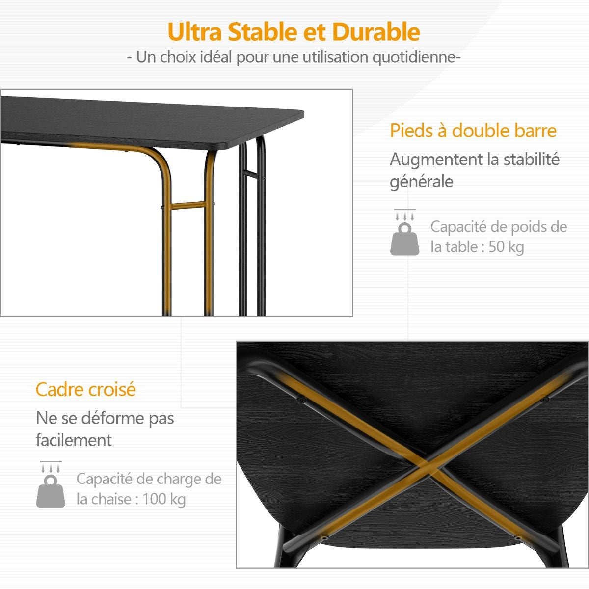 Ensemble Table De Cuisine Avec 4 Chaises Cadre En Métal Laqué Table Petit-Déjeuner Pour Salle À Manger Noir