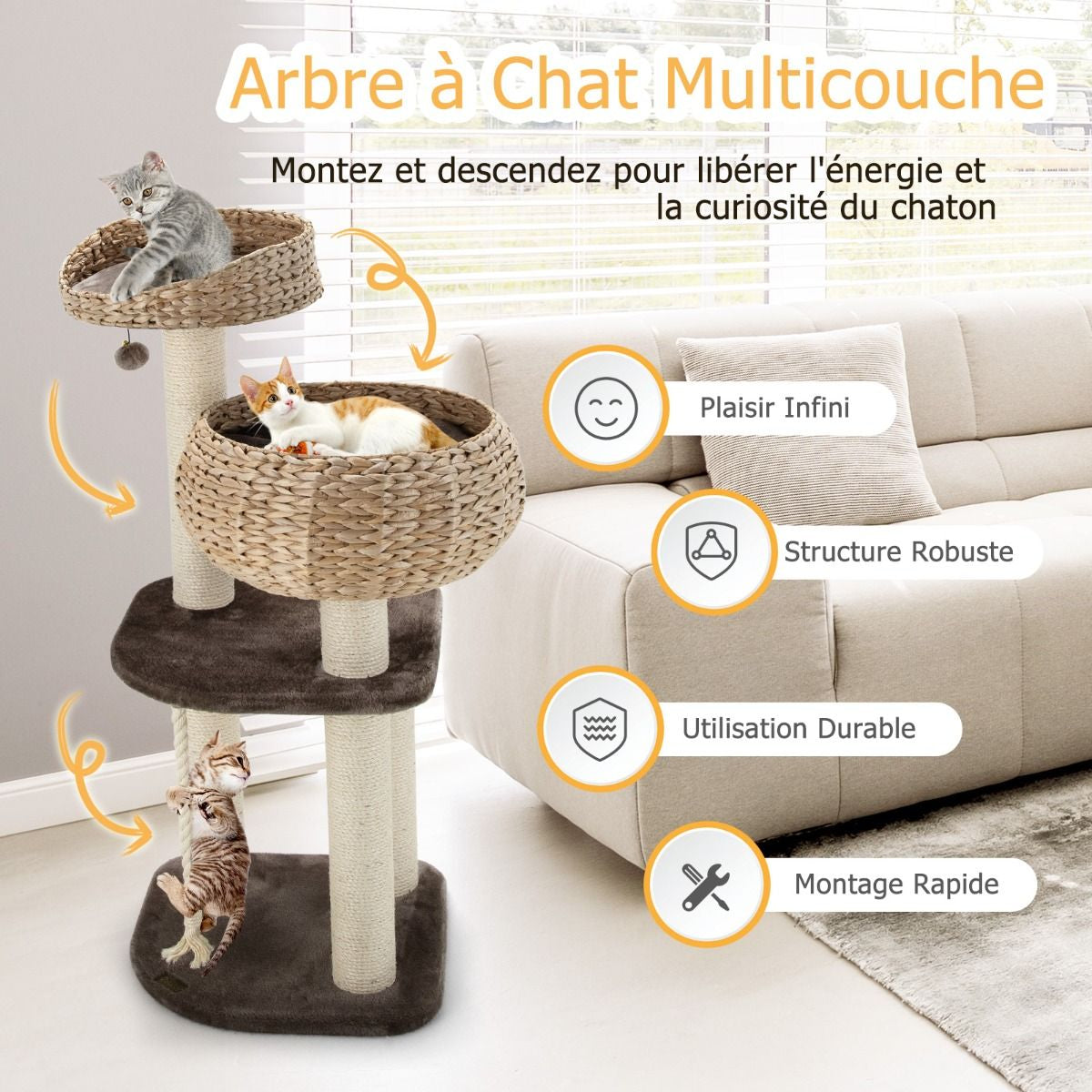 Arbre À Chat 45 X 45 X 104 CM Avec Pompon Suspendu Corde Et Griffoirs Enveloppés De Sisal Naturel Pour Chat/Chaton