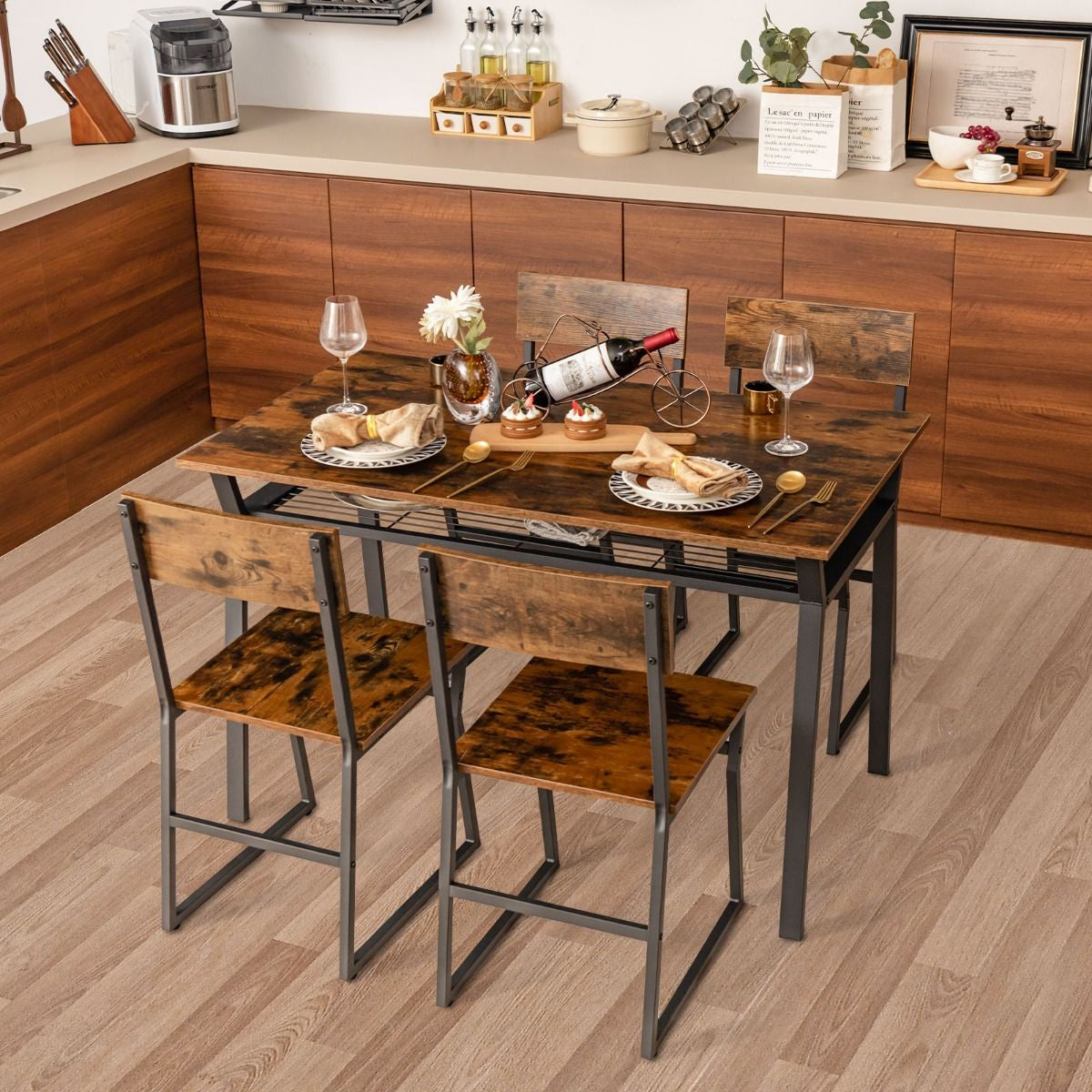 Ensemble De Table À Manger 5 Pièces Table De Cuisine Rectangulaire Industrielle Avec 4 Chaises Étagère De Rangement Cadre En Métal Ensemble Marron Rustique/Gris