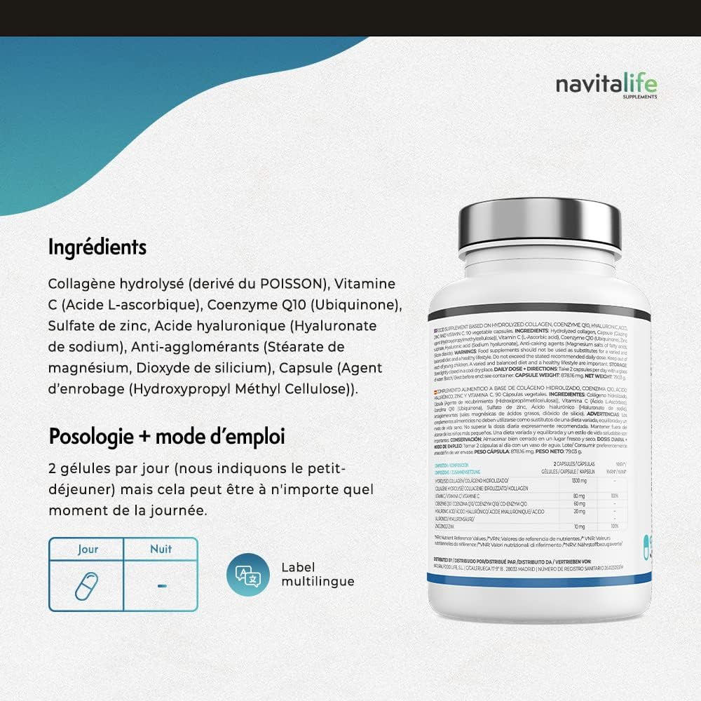 Collagene Et Acide Hyaluronique + Coenzyme Q10 + Vitamine C + Zinc | Formule Concentrée, Prise Facile Et Haute Biodisponibilité | Articulations Saines, Os Solides, Peau Jeune Et Hydratée, 90 Gélules