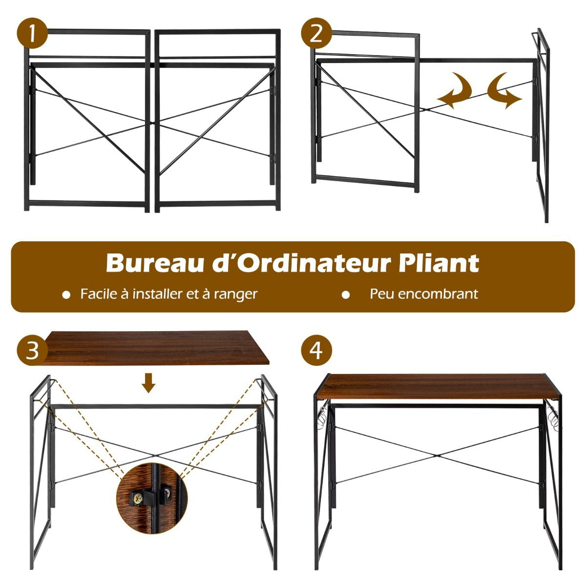 Bureau D'Ordinateur Pliant 100X50X75 Cm Table De Bureau Cadre En Métal 6 Crochets En Forme De S Style Industriel Capacité 115Kg Noir/Café/Marron