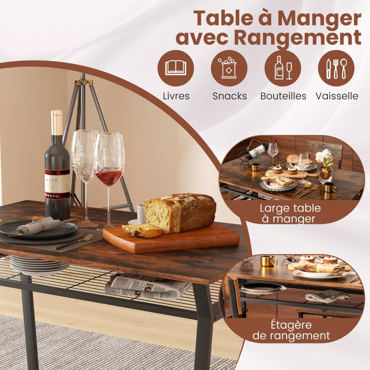 Ensemble De Table À Manger 5 Pièces Table De Cuisine Rectangulaire Industrielle Avec 4 Chaises Étagère De Rangement Cadre En Métal Ensemble Marron Rustique/Gris