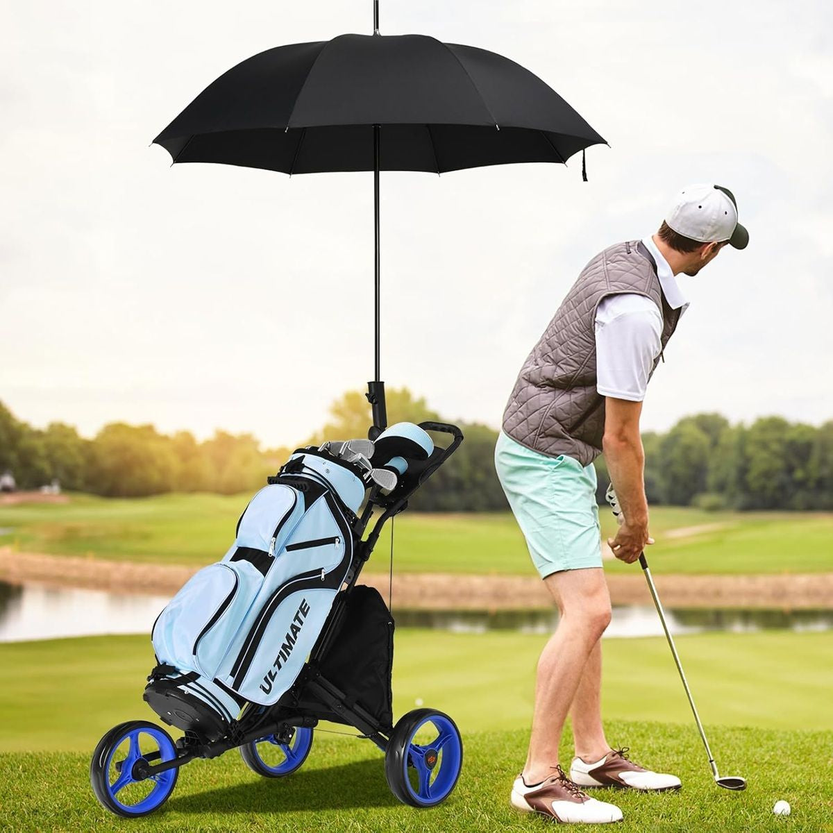 Chariot De Golf Pliable À 3 Roues Sangle Elastique Porte-Parasol Réglable Et Porte-Gobelet Sac Recouvert D'Aluminium Bleu/Gris/Rouge/Vert