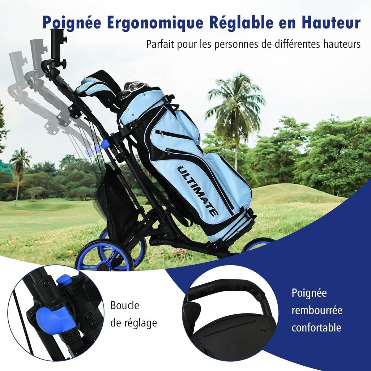 Chariot De Golf Pliable À 3 Roues Sangle Elastique Porte-Parasol Réglable Et Porte-Gobelet Sac Recouvert D'Aluminium Bleu/Gris/Rouge/Vert