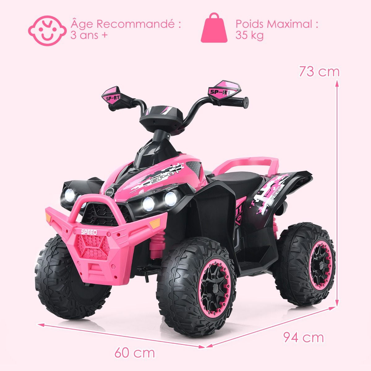 Quad Electrique Pour Enfants 12V7Ah LED Musique Pédale Klaxon 3-4 Km/H Pour Enfants De 3 À 8 Ans Rose/Bleu/Violet/Noir
