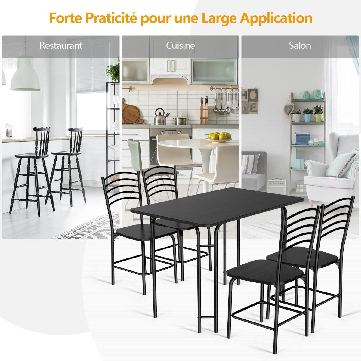 Ensemble Table De Cuisine Avec 4 Chaises Cadre En Métal Laqué Table Petit-Déjeuner Pour Salle À Manger Noir