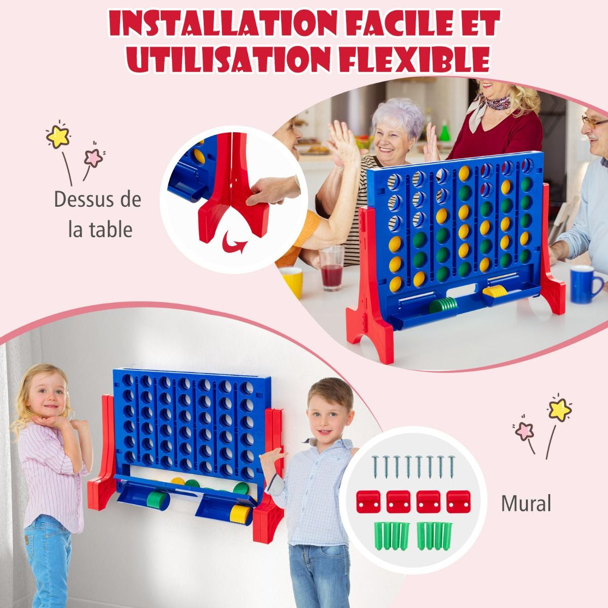 Jeux Puissance 4 Géant Mural Avec 42 Jetons Jeu De Société Ludique & Éducatif Avec 2 Plateaux Utilisation 62X20X48,5Cm Bleu/Rouge