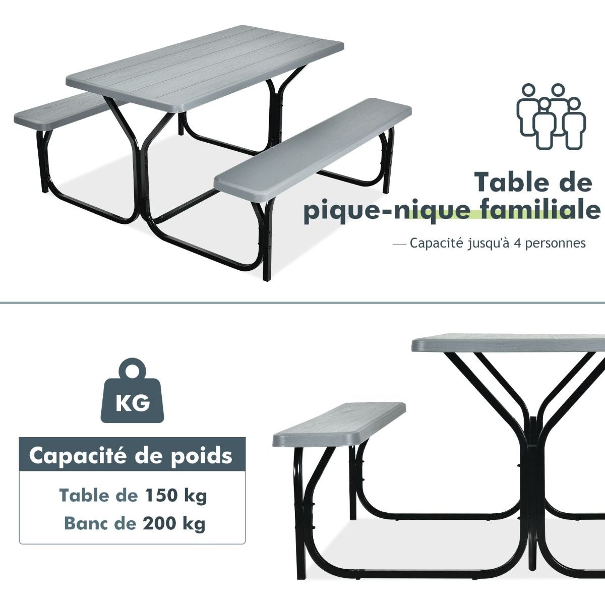 Table De Jardin Avec 2 Banc Table De Pique-Nique/Camping Pour 4 À 6 Personnes 137 X 150 X 71Cm Noir/Gris/Blanc