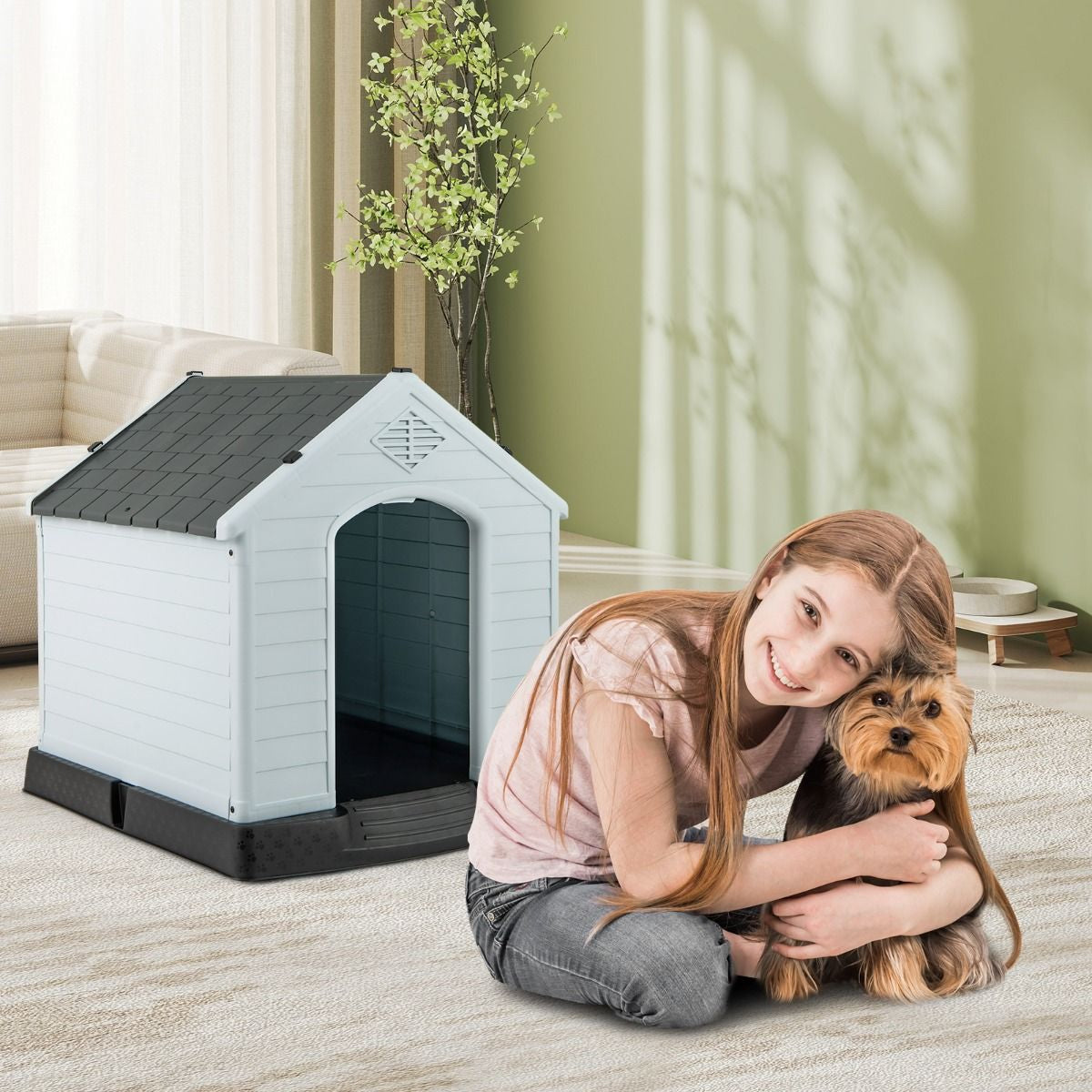 Niche Pour Chien En PP Avec Toit Bleu+Blanc Imperméable Et Ventilé-Bouche D’Aération Et Plancher Surélever 70X65X71,5Cm Taill S/M