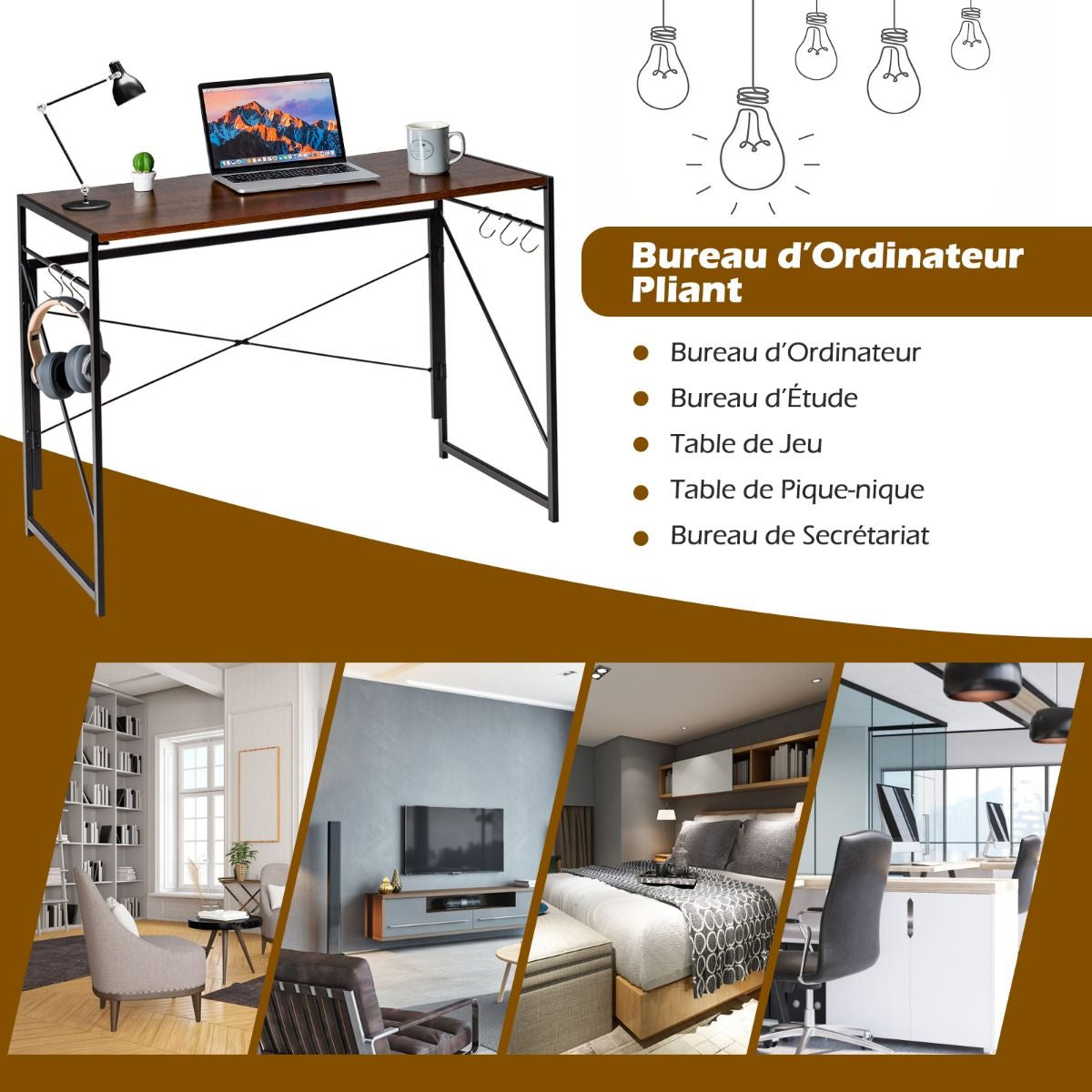Bureau D'Ordinateur Pliant 100X50X75 Cm Table De Bureau Cadre En Métal 6 Crochets En Forme De S Style Industriel Capacité 115Kg Noir/Café/Marron