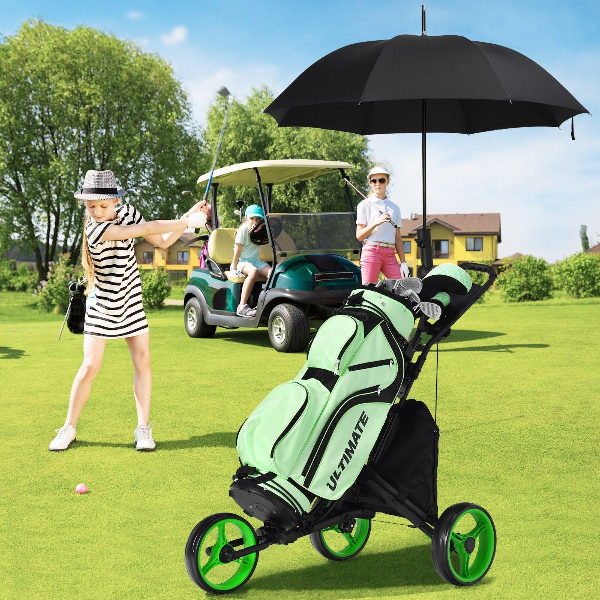 Chariot De Golf Pliable À 3 Roues Sangle Elastique Porte-Parasol Réglable Et Porte-Gobelet Sac Recouvert D'Aluminium Bleu/Gris/Rouge/Vert