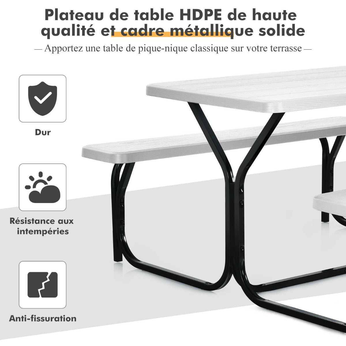 Table De Jardin Avec 2 Banc Table De Pique-Nique/Camping Pour 4 À 6 Personnes 137 X 150 X 71Cm Noir/Gris/Blanc