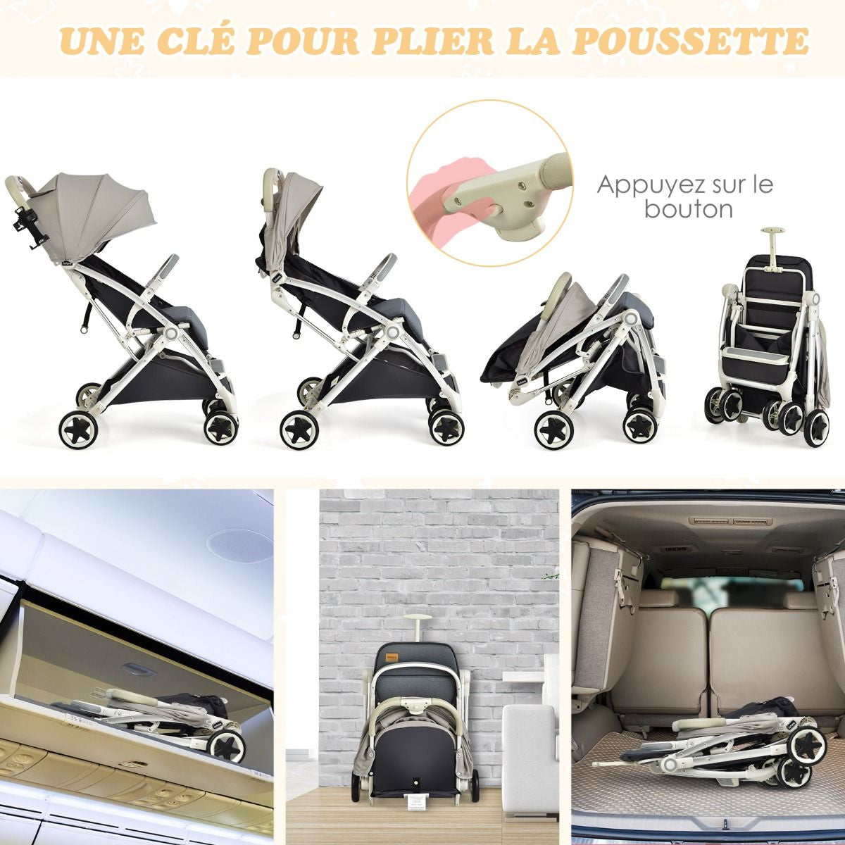 Poussette De Voyage Pour Bébé Avec Pare-Soleil Inclinable Porte-Gobelet Harnais 5 Points Dossier Réglable Chancelière Rangement Inférieur Gris/Noir