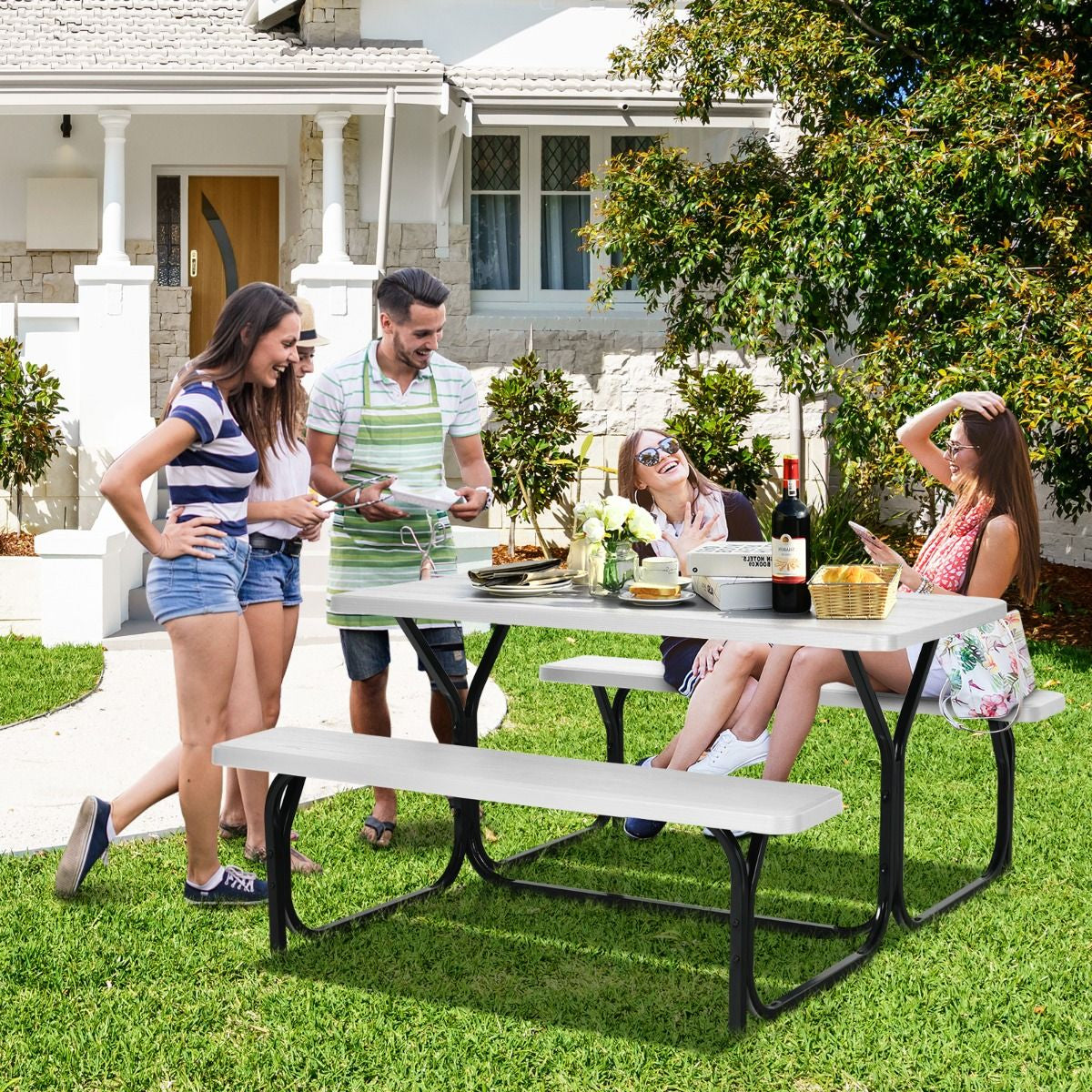 Table De Jardin Avec 2 Banc Table De Pique-Nique/Camping Pour 4 À 6 Personnes 137 X 150 X 71Cm Noir/Gris/Blanc