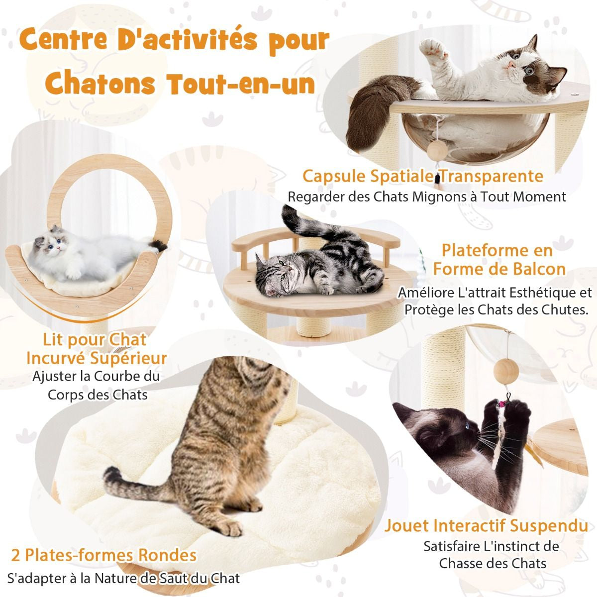 Arbre À Chat 146 Cm En Blocs De Construction Tour À Chat En Bois Chêne 4 En 1 Avec Condo & Hublot Griffoir En Sisal Plateforme Rembourrée