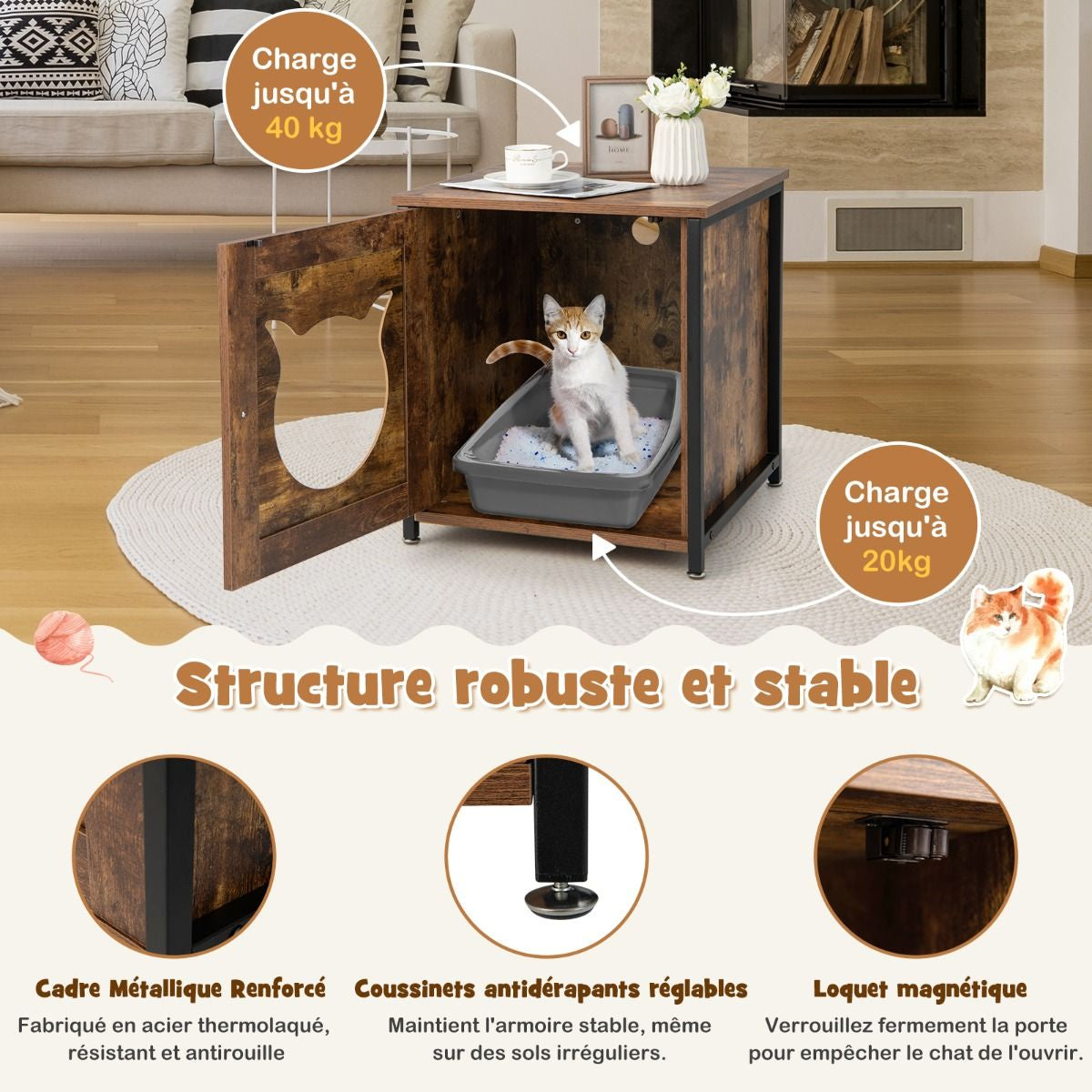 Meuble Litiere Chat Cadre En Métal Antirouille Industriel Maison De Toilette Chat Bonne Respirabilité 50X53X55 Cm