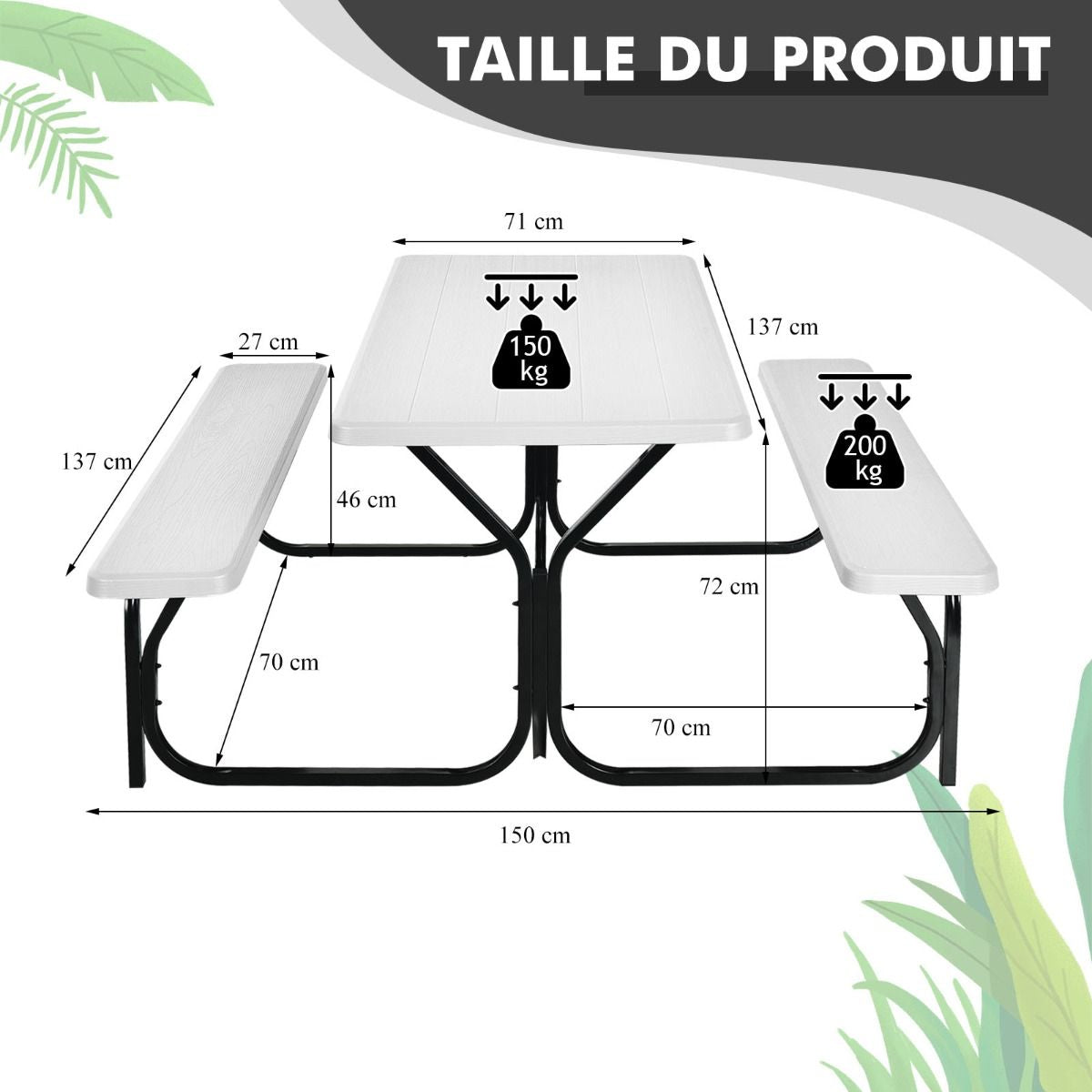 Table De Jardin Avec 2 Banc Table De Pique-Nique/Camping Pour 4 À 6 Personnes 137 X 150 X 71Cm Noir/Gris/Blanc