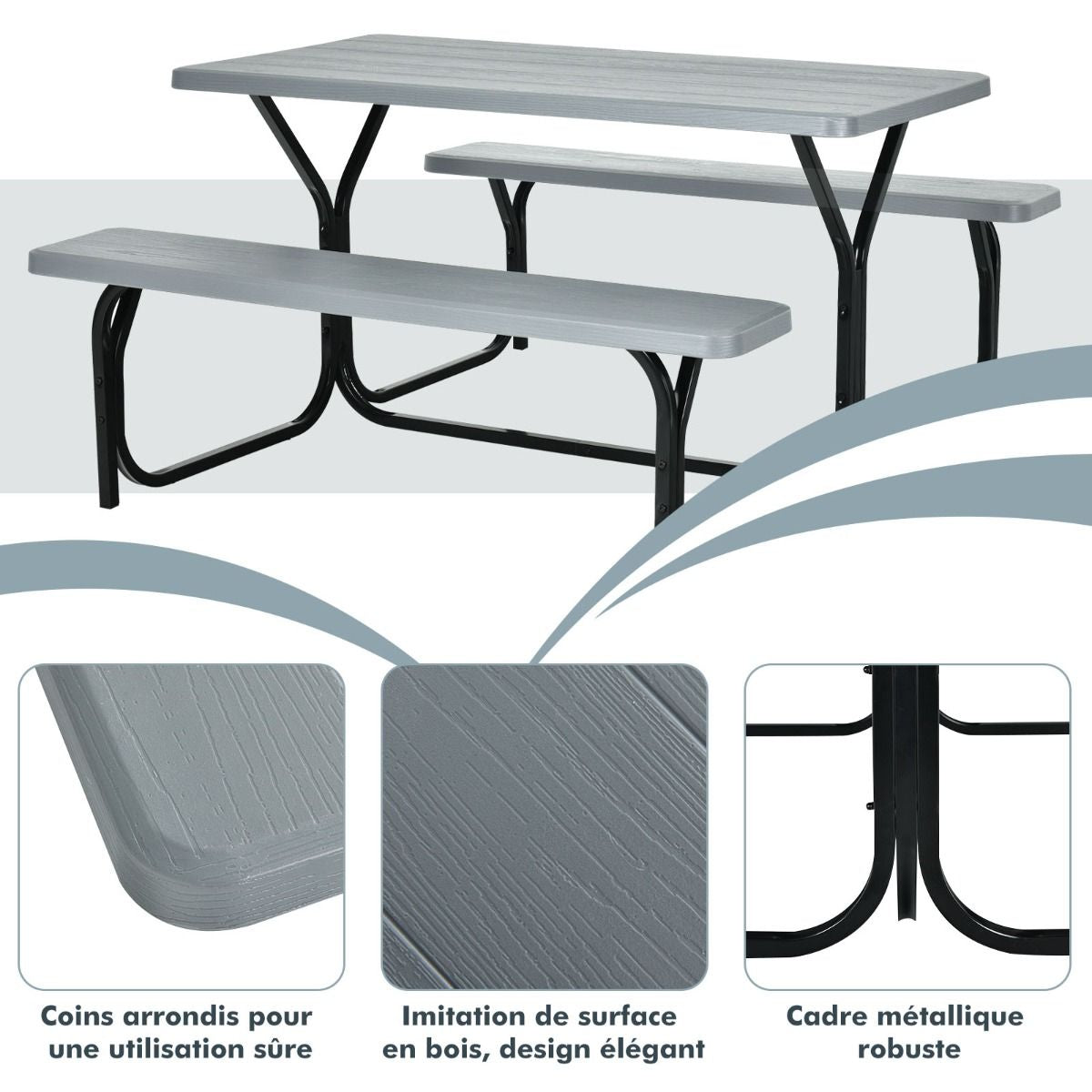 Table De Jardin Avec 2 Banc Table De Pique-Nique/Camping Pour 4 À 6 Personnes 137 X 150 X 71Cm Noir/Gris/Blanc