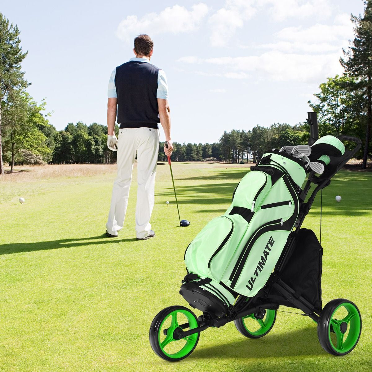 Chariot De Golf Pliable À 3 Roues Sangle Elastique Porte-Parasol Réglable Et Porte-Gobelet Sac Recouvert D'Aluminium Bleu/Gris/Rouge/Vert