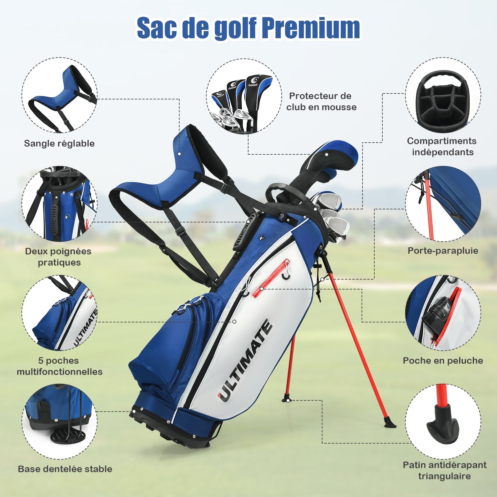 Ensemble De Clubs De Golf 9 Pièces Pour Débutant Avec Sac Trépied Conception Ergonomiqu En Métal Robuste Bleu/Gris/Noir