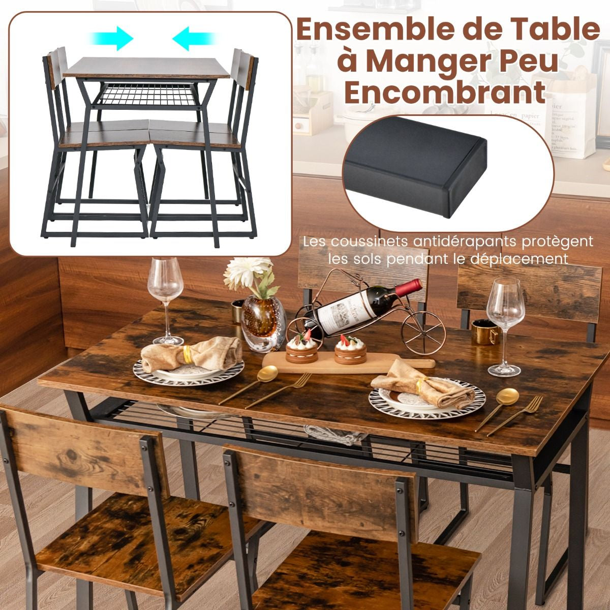 Ensemble De Table À Manger 5 Pièces Table De Cuisine Rectangulaire Industrielle Avec 4 Chaises Étagère De Rangement Cadre En Métal Ensemble Marron Rustique/Gris
