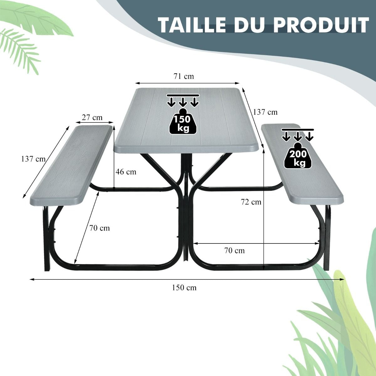 Table De Jardin Avec 2 Banc Table De Pique-Nique/Camping Pour 4 À 6 Personnes 137 X 150 X 71Cm Noir/Gris/Blanc